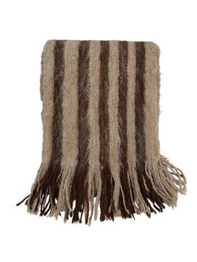 Handmade Beige Alpaca Wool Striped Scarf w/ Fringe - Qantati - Made In Bolivia